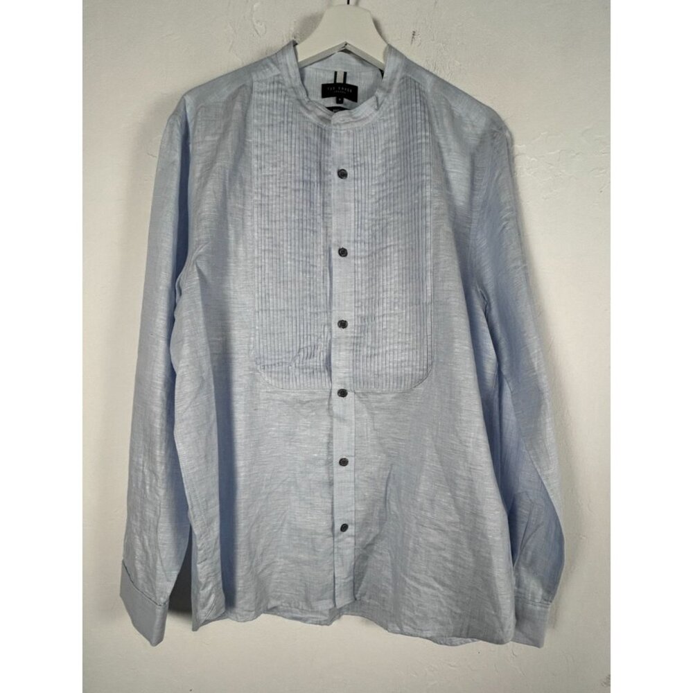 Ted Baker Mens Light Blue Mandarin Collar Pin-Tuck Shirt Size 4 Regular Linen
